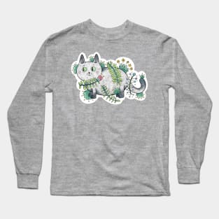 Cute Green Eyed Cat with Floral Patterns Long Sleeve T-Shirt